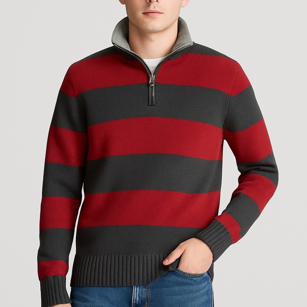 American Eagle Outfitters Red and Gray Striped Quarter-Zip Sweater Men’s L Y2K